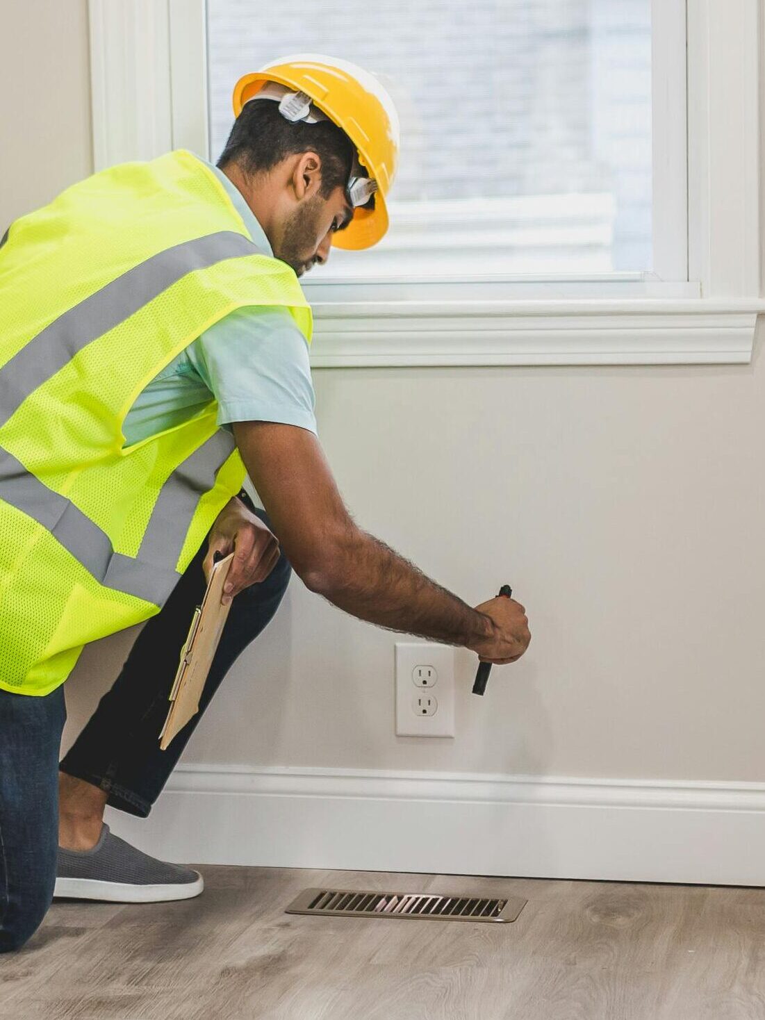 aerospace A home inspector in high visibility vest examines an electrical outlet in a modern room.